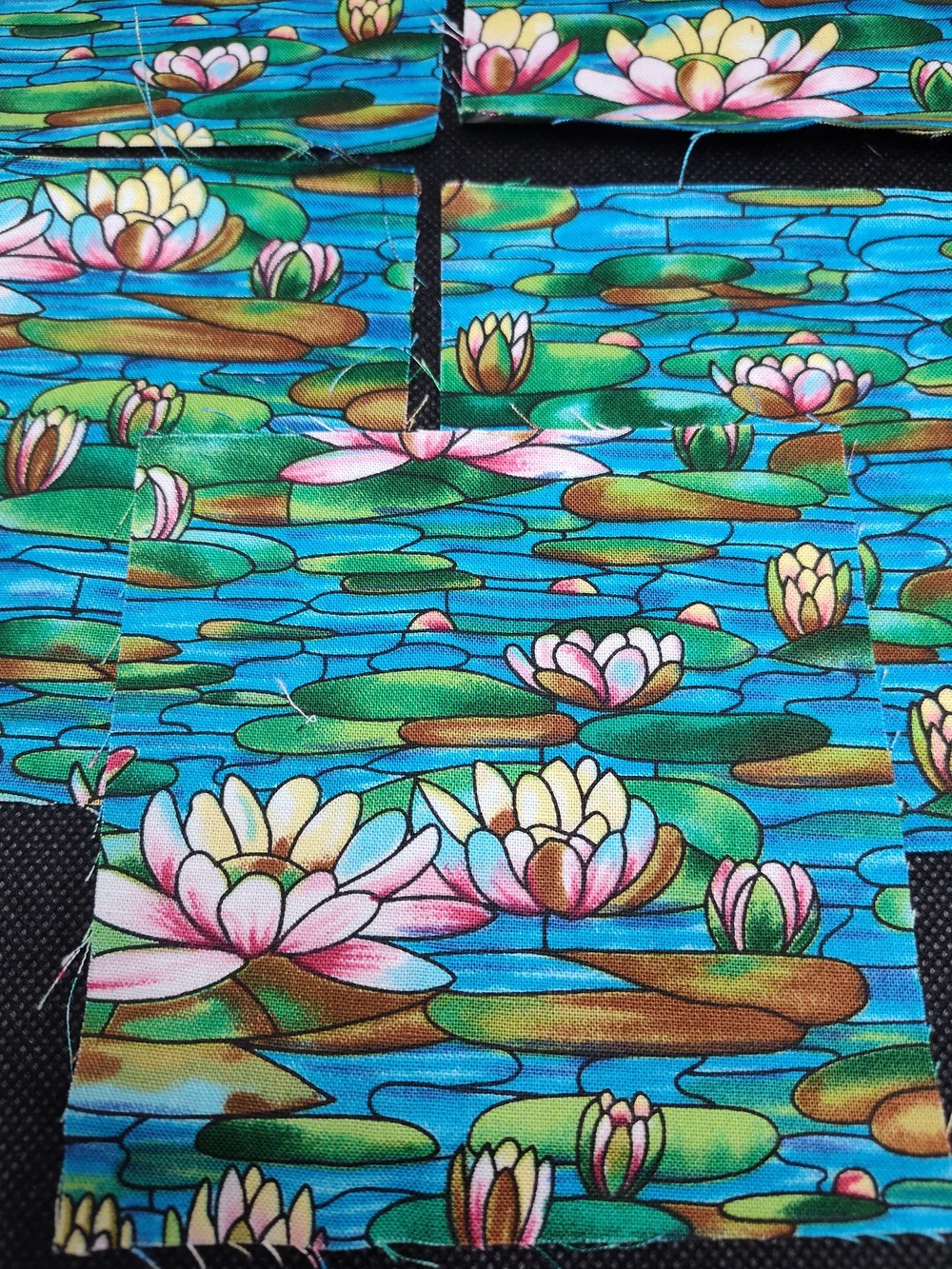 5 4.50 Floral Water Lily Cotton Fabric Squares - Blue Green
